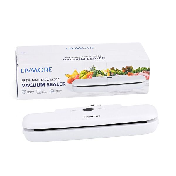 LIVMORE Vakuumierger&auml;t mit Schwei&szlig;- und Vakuumfunktion, inkl. Rollenbeutel und 10 Vakuumbeuteln, Wei&szlig;