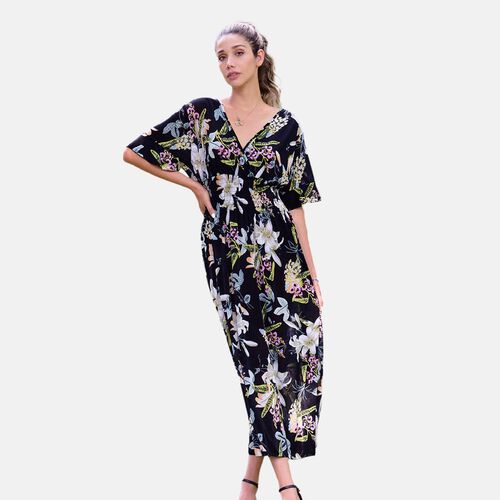 Gesmoktes Maxi-Kleid, Blumenmuster, Schwarz image number 0