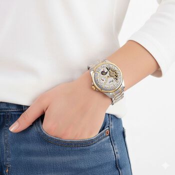 GENOA TIME V2 - Automatik-Armbanduhr, Mechanisches Uhrwerk, Edelstahlarmband, bicolor, Wei&szlig;es Zifferblatt, 36 mm