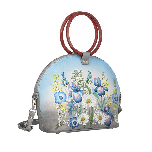 SUKRITI, Handbemalte 100 % Leder Tasche mit Maulbeerseiden Schal, Blumenmuster, Blau & Grau image number 4