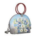 SUKRITI, Handbemalte 100 % Leder Tasche mit Maulbeerseiden Schal, Blumenmuster, Blau & Grau image number 3