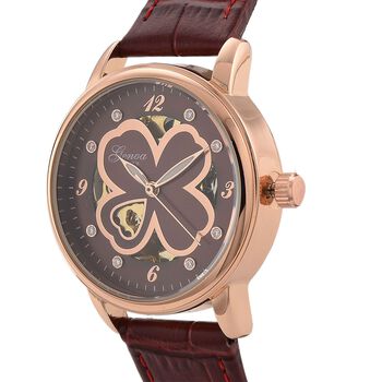 GENOA Automatikuhr mit Automatikwerk, Zifferblatt mit Blumenmuster und Moissaniten, weinrotes Lederarmband, 36mm