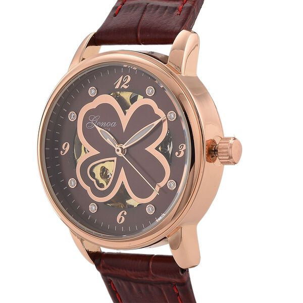 GENOA TIME V2 Automatikuhr mit Automatikwerk, Zifferblatt mit Blumenmuster und Moissaniten, rotes Lederarmband, 36 mm, ca. 0,08 ct. image number 4