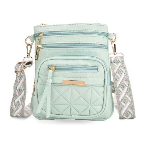 Crossbody-Tasche mit mehreren Fächern, 19x22?cm, Minzgrün -Grau mit gemustertem Schultergurt, Minzgrün