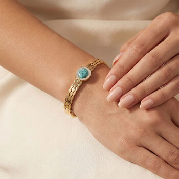 Gr&uuml;ner Howlit, Wei&szlig;er Kristall Armreif ca. 19 cm 316L Edelstahl, vegoldet