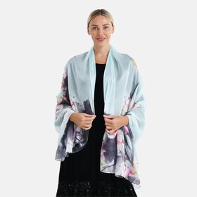  LA MAREY signature 100% silk scarf110*195cmweight:40gcolor:light blue with floral patternsMaterial:100% Mulberry silk