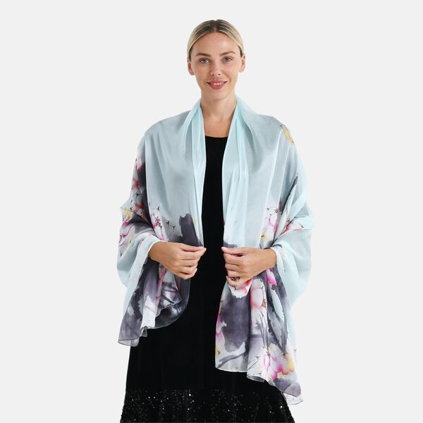 LA MAREY Signature Seidenschal aus 100% Maulbeerseide, 110 x 195 cm, Hellblau Floral