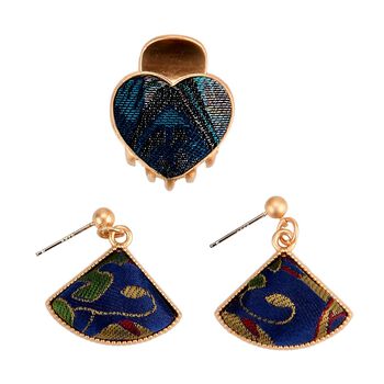 LA MAREY 2er-Set Brokat Seiden-Haarspangen und Ohrringe, Gr&uuml;n