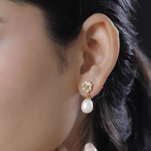 S&uuml;&szlig;wasser Perle und wei&szlig;e Zirkon Ohrringe image number 2