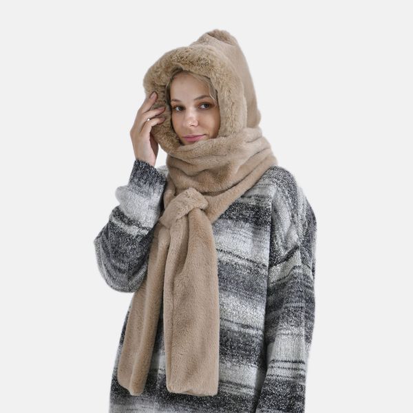 Superweicher 2-in-1-Langschal und M&uuml;tze aus hochwertigem Kunstfell, beige image number 2