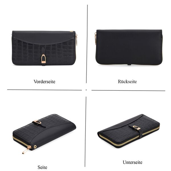 2-teiliges Geldb&ouml;rsen-Set im Krokopr&auml;gungs-Design, Lange Geldb&ouml;rse 20x10x3 cm und Bifold-Geldb&ouml;rse 12x9x3,5 cm, Schwarz image number 4
