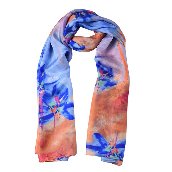 LA MAREY: Bedruckter Schal aus 100% Maulbeerseide, Blumenmuster, inkl. Geschenkbox, Blau und Orange image number 4