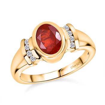 Djoy AAA Blaze Feueropal, Wei&szlig;er Zirkon Ring 925 Silber 750 Gelbgold Vermeil (Gr&ouml;&szlig;e 17.00) ca. 1,01 ct