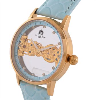William Hunt Automatik-Uhr, Hohles Zifferblatt mit wei&szlig;en Kristallen, Himmelblau Lederarmband, 5ATM wasserdicht