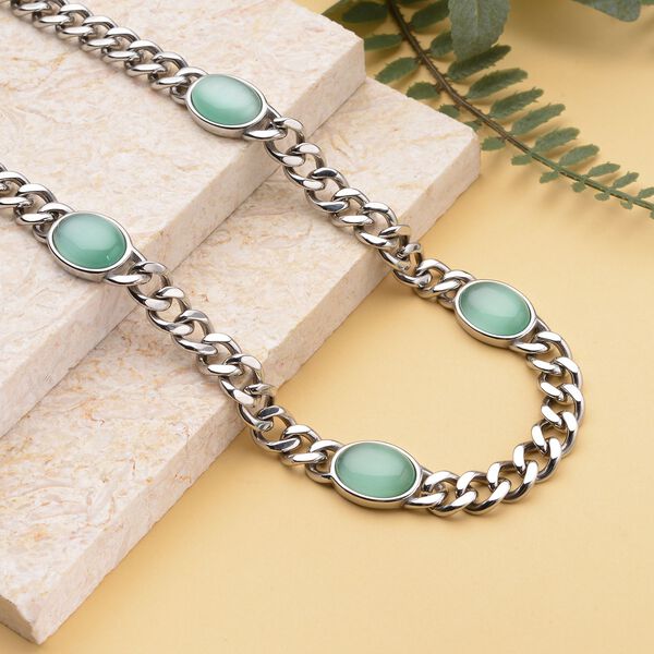 K&uuml;nstliche, gr&uuml;ne Katzenauge Halskette, ca. 50 cm, Edelstahl ca. 25,00 ct image number 2