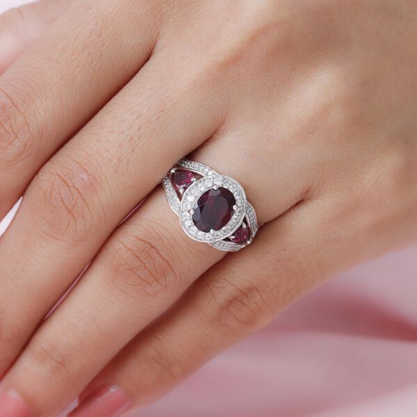 Rhodolith Granat und Zirkon-Halo-Ring, 925 Silber platiniert, 3,38 ct. image number 3