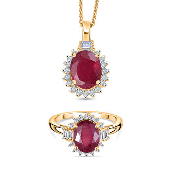 D'Joy afrikanischer Rubin, wei&szlig;er Topas und Zirkon Ring und Anh&auml;nger mit 50cm Kette