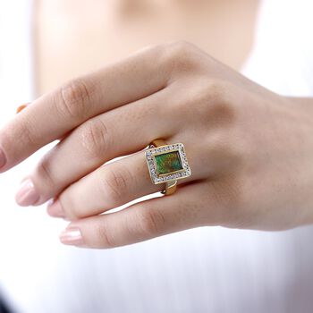 Ammolit, Wei&szlig;er Zirkon Baguetteschliff Ring, 925 Silber, 750 Gelbgold Vermeil (Gr&ouml;&szlig;e 21.00) ca. 2.76 ct