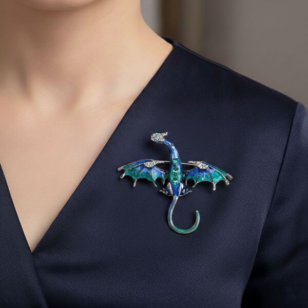 Drachen Gr&uuml;ner Kristall Brosche emailliert image number 3