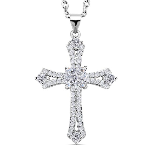 Wei&szlig;er Zirkonia Kreuz-Kette, reines Messing und Edelstahl, ca. 3.00 ct