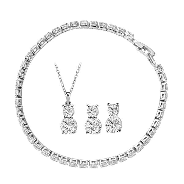 4er Set, Wei&szlig;e Zirkonia Armband, Anh&auml;nger mit Kette und Ohrringen, Messing ca. 17.60 ct