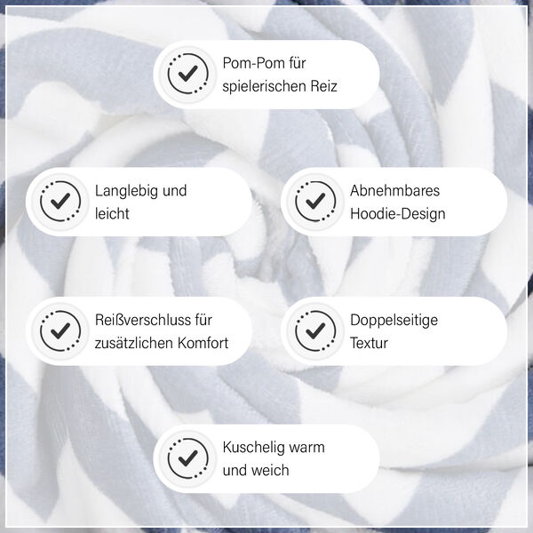 HOMESMART Zig-Zag Print Hoodie-Sherpa-Decke mit Pom Pom, Blau und wei&szlig; image number 9