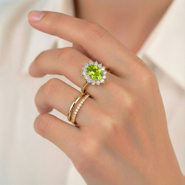 Nat&uuml;rlcher Peridot, Wei&szlig;er Zirkon Ring 925 Silber 585 Vergoldet (Gr&ouml;&szlig;e 18.00) ca. 1.32 ct image number 4