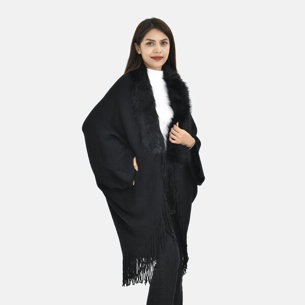 LA MAREY - luxuriöser Kunstpelz-Kimono mit Fransen, 114x109cm, schwarz image number 3