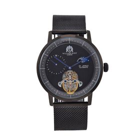 William Hunt Automatik-Uhr - IP-schwarzbeschichtetes Edelstahlgehäuse, schwarzes Multifunktionszifferblatt mit gewölbtem Glas, Edelstahl-Mesh-Armband, Glasboden, 5 ATM wasserdicht, Reiner Edelstahl