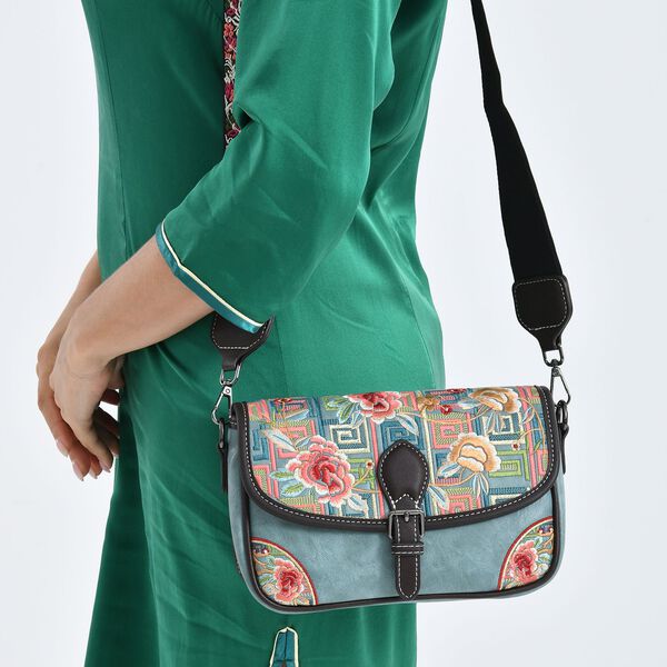 Bestickte Crossbody Tasche, Blumen Design, 22x8x16cm, Blau image number 4