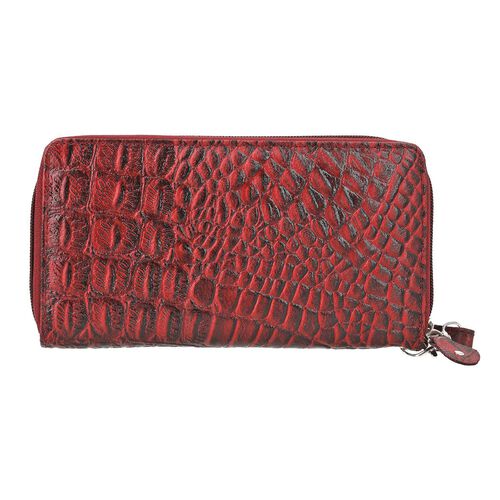 RFID-geschützte Brieftasche aus 100% echtem Leder mit Kroko-Prägung und abnehmbarer Trageschlaufe, Dunkelrot image number 0