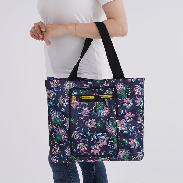 Faltbare Einkaufstasche aus wasserabweisendem Polyester, Blumenmuster, 40x43 cm, Tragegriffe 22 cm, Rosa image number 2