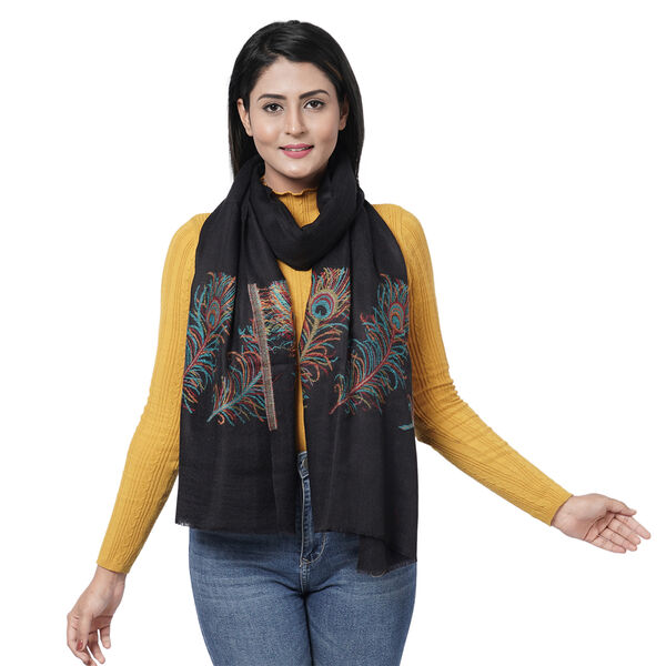 LA MAREY- 100% Kaschmirwolle Schal mit gewebten Federmotiven, Schwarz, 70x200cm image number 2