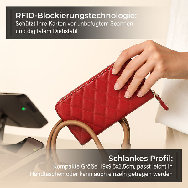 Brieftasche aus echtem Leder mit RFID-Schutz in Stepp-Optik, 19x2,5x9,5cm, Rot image number 3