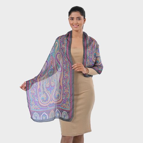 Bedruckter Schal aus 100% Seide, Multicolor-Muster mit grauer Bordüre, ca. 70 x 200 cm
