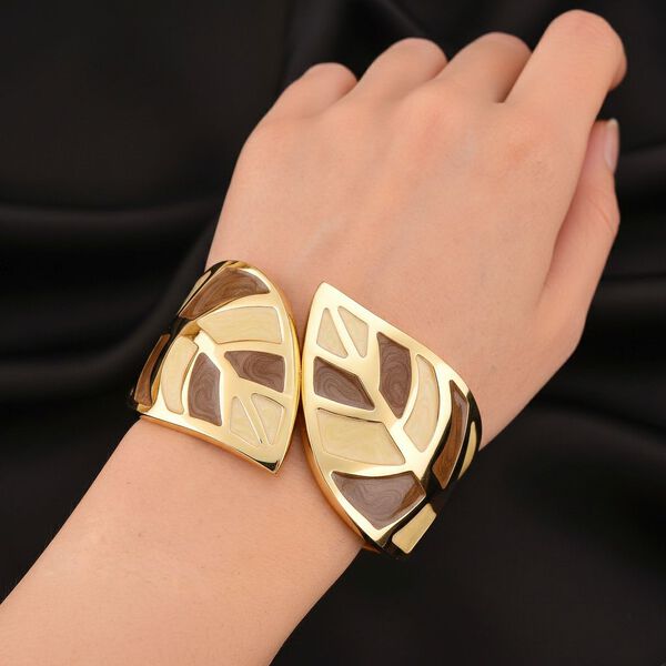 Emaille-Armband in Hellbraun mit goldfarbenem Blattmuster, ca. 17 cm image number 3