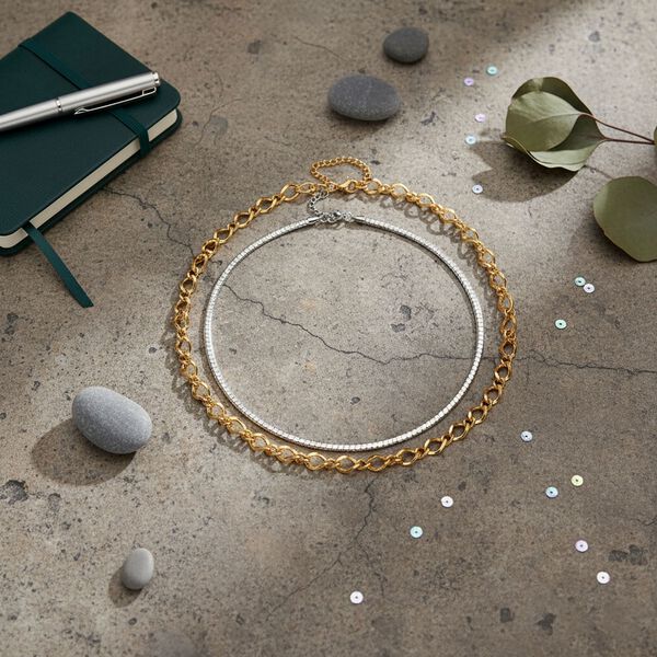 Gliederketten- und Herringbone-Design Halsketten-Set, Edelstahl, ca. 50 cm, silberfarben image number 2