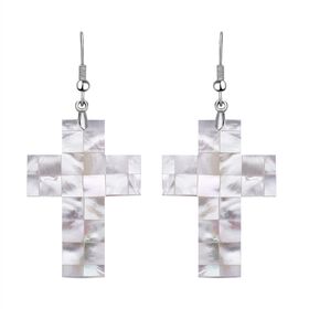 Weiße Muschelkernperlen Kreuz Ohrringe, Edelstahl