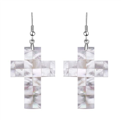 Weiße Muschelkernperlen Kreuz Ohrringe, Edelstahl image number 0