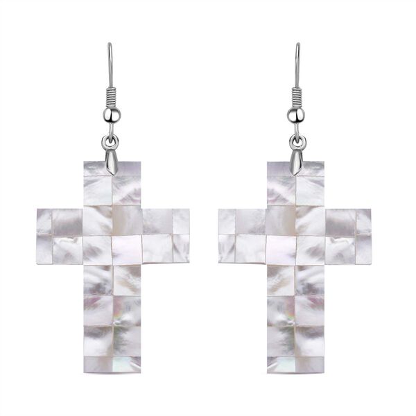 Weiße Muschelkernperlen Kreuz Ohrringe, Edelstahl image number 0