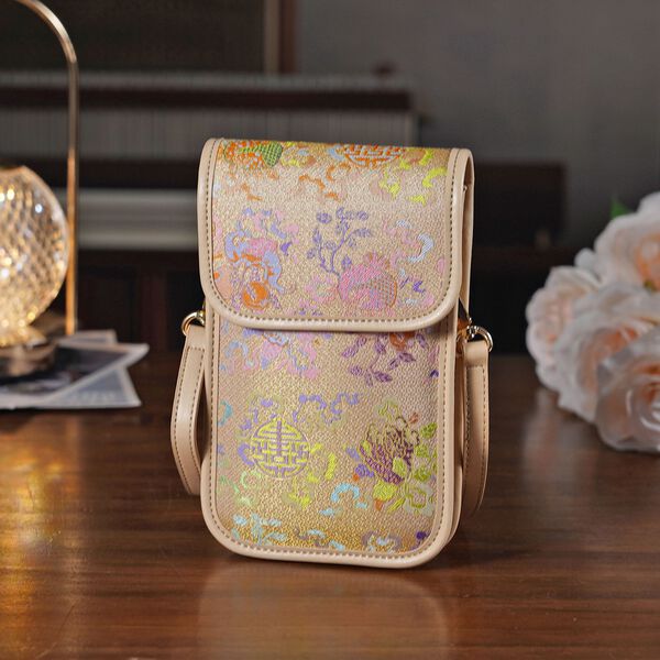 LA MAREY Brokat Handy Umh&auml;ngetasche aus Seide und Echtleder, 12x19x3cm, Rosa image number 1