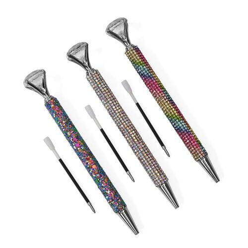 " Set of 3 crystal pen   shining pen- -Multicolor with replacement ink Material: Metal Pen refill color: Built-in black, replace the refill blue Weight: 20g/pcs Size: 15.2cm Pen body color: multicolor " image number 1