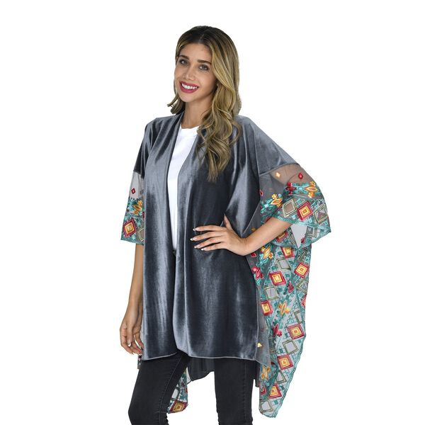 TAMSY - Kimono aus Samt mit Blumenstickerei, Einheitsgröße Grau image number 3