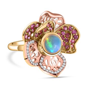 GP Italianische Garten Kollektion - AA Nat&uuml;rlicher, &auml;thiopischer Welo Opal, Rhodolith Granat Ring, 925 Silber Bicolor (Gr&ouml;&szlig;e 18.00) ca. 2.33 ct