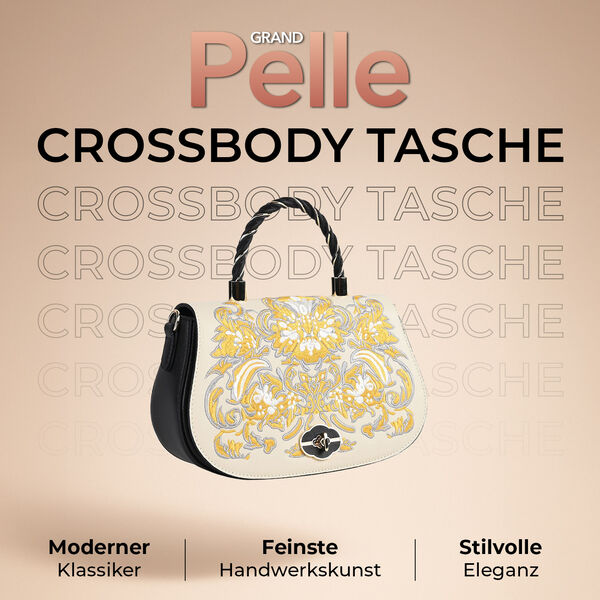 GRAND PELLE Umhängetasche aus echtem Leder, Damaststickerei, mit Tragegriff und Schulterriemen, 23×9×13 cm, Schwarz image number 2