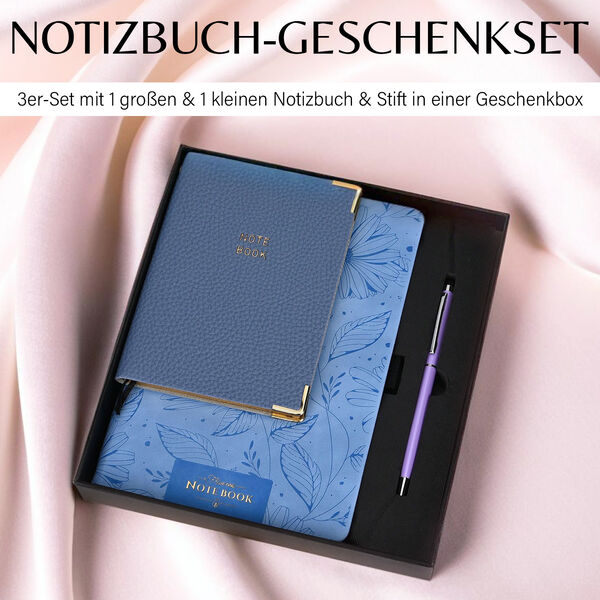 Premium Set; Notizbuch und Taschentagebuch mit geschnitztem, samtigem Hardcover und Kugelschreiber, Blau image number 2