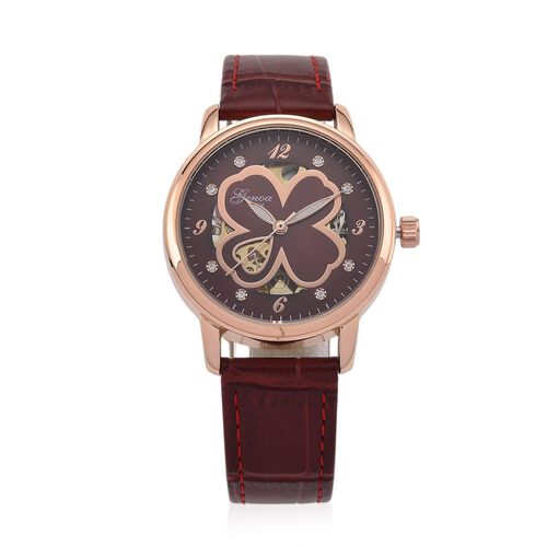 GENOA TIME V2 Automatikuhr mit Automatikwerk, Zifferblatt mit Blumenmuster und Moissaniten, rotes Lederarmband, 36 mm, ca. 0,08 ct. image number 0