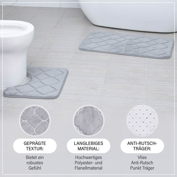 Homesmart- 2er-Set gepr&auml;gte Flanell-Badematte mit rutschfester Unterseite. Grau image number 1