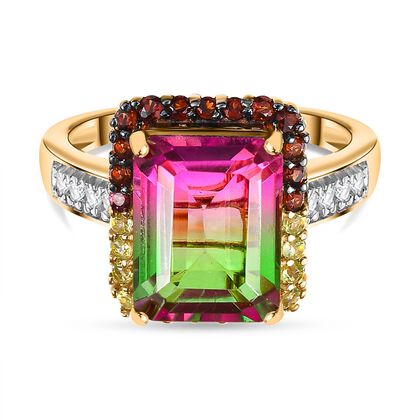 Wassermelonen Quarz Triplette, Wei&szlig;er Zirkon Ring 925 Silber 750 Gelbgold Vermeil (Gr&ouml;&szlig;e 18.00) ca. 8,91 ct