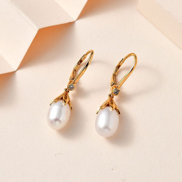 S&uuml;&szlig;wasser Perle, Wei&szlig;er Zirkon Ohrringe 925 Silber Gelbgold Vermeil ca. 0,10 ct. image number 2